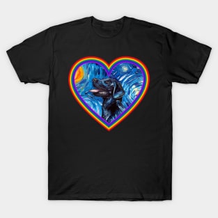 Black Labrador in a Rainbow Heart T-Shirt